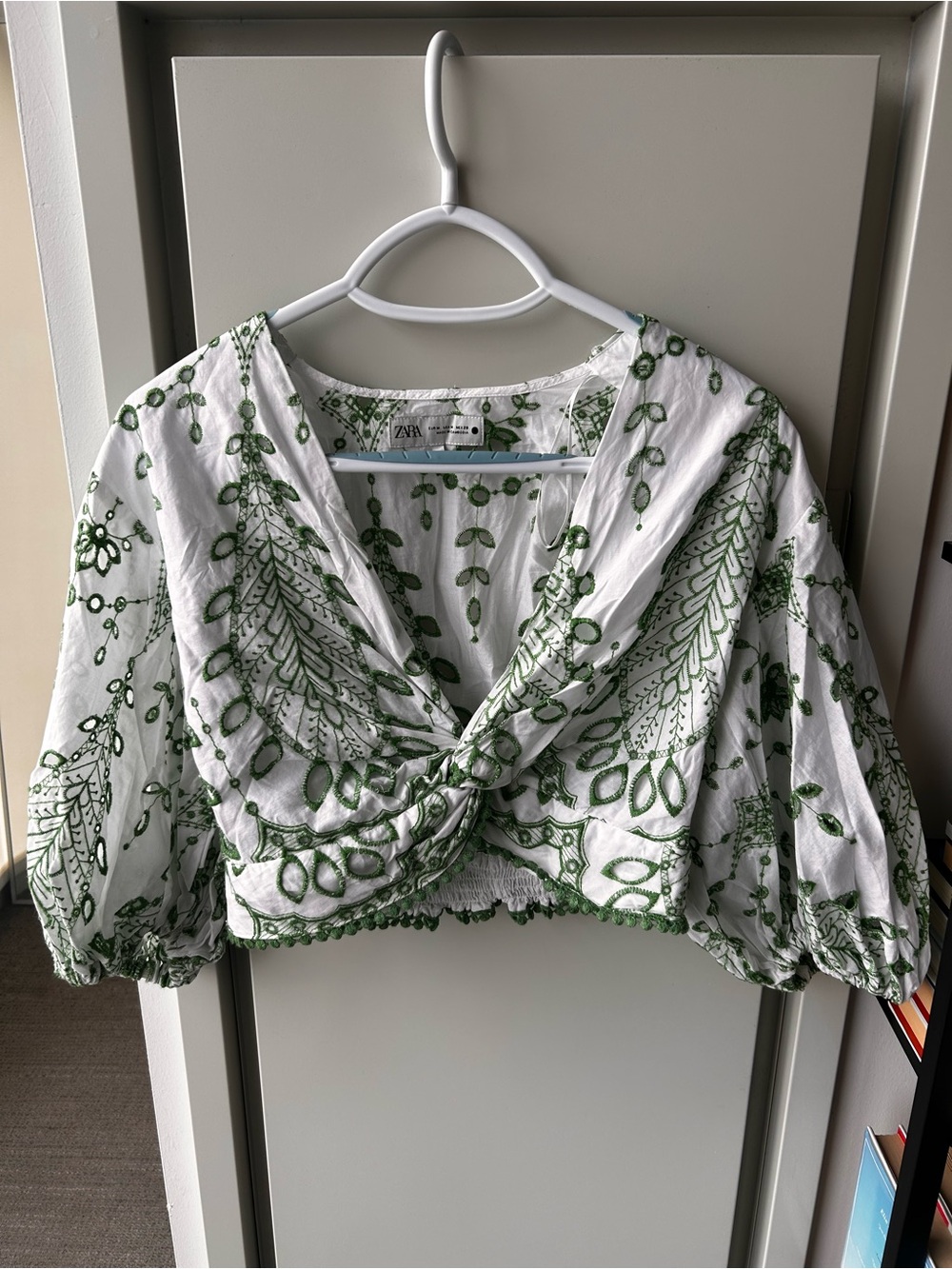 Zara White Crop Top with Green Embroidered Knot Front